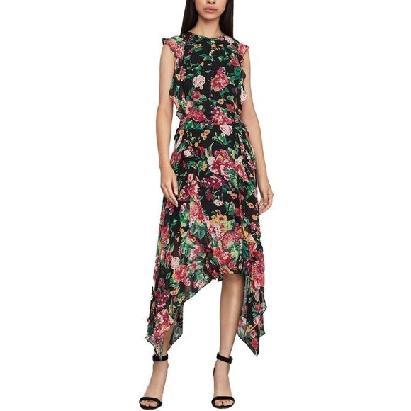 BCBGMAXAZRIA Sleeveless Floral Ruffled Asymmetrical Midi Cocktail Dress Black 2 - Picture 1 of 3